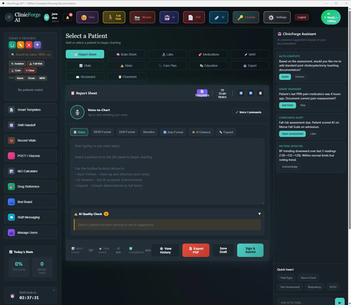 ClinicForge AI nursing documentation dashboard — Voice-to-Chart, AI Quality Check, SBAR handoff, compliance alerts