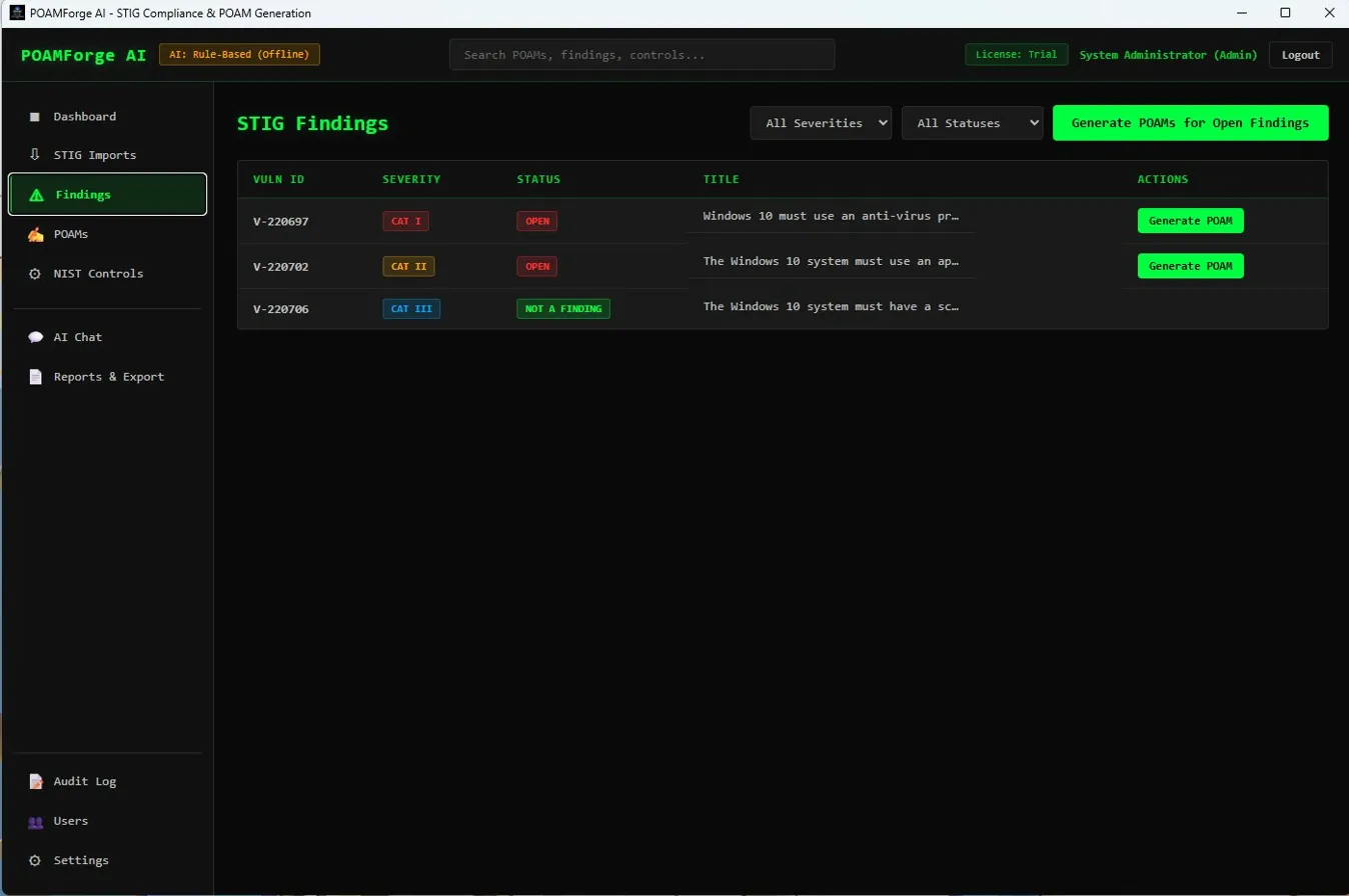 POAMForge STIG Findings — CAT I, II, III severity breakdown with Generate POAM actions