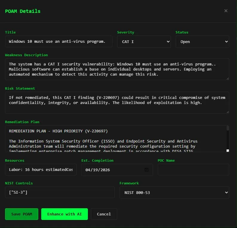 POAMForge POAM Detail — AI-generated weakness description, risk statement, and remediation plan